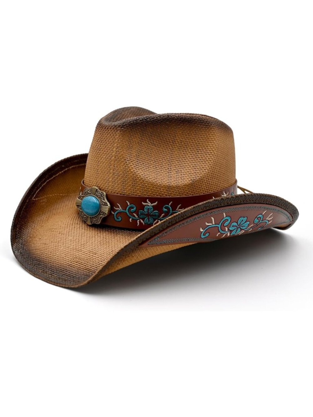 Men's Coffee Pull-On Straw Two Decorative Band Cowboy Cowgirl Hat